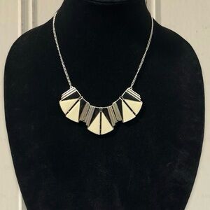 Art Deco Inspired Geometric Black and White Bib Necklace Silver Tone